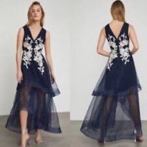 Bcbg Maxazria Dress navy blue Long Gown Tulle Embroidered